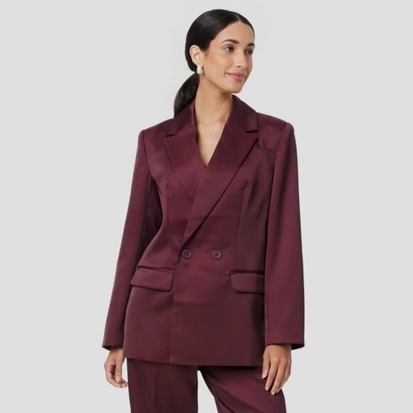 Women's Structured Satin Blazer - A New Day Burgundy S - Picture 1 of 6